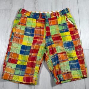 Loud Mouth Golf Shorts Men's Size 32 Plaid Red Yellow Flat Front Cotton